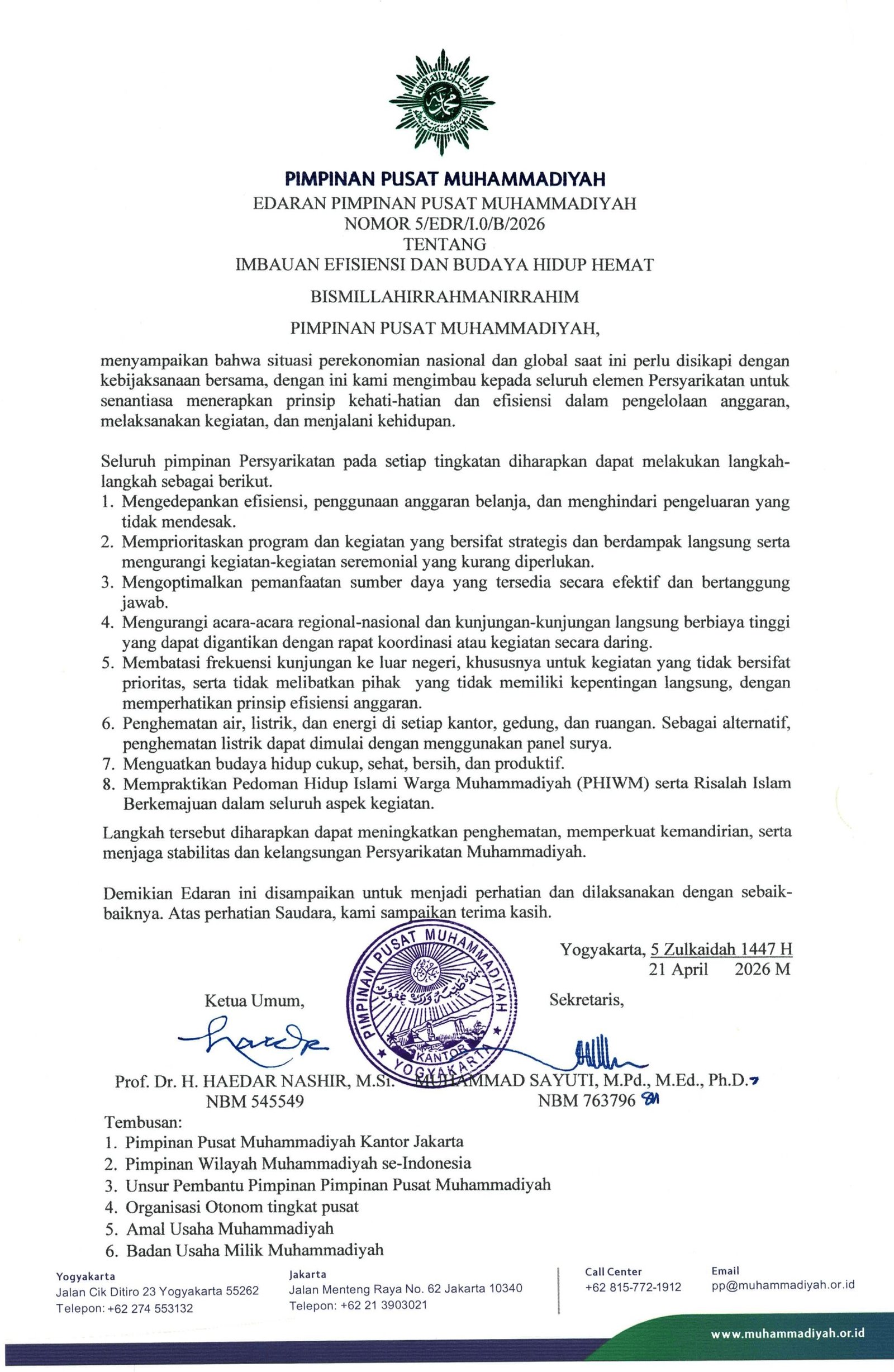 PP Muhammadiyah Instruksikan Efisiensi Organisasi dan Budaya Hidup Hemat,